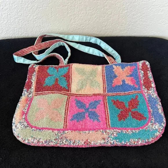 Vintage K.C Malhan Multicolor Hand-Beaded Shoulder Bag with Flower Motif Retro - Picture 2 of 8